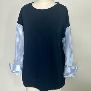 TALBOTS WOVEN SLEEVE CREWNECK PULLOVER